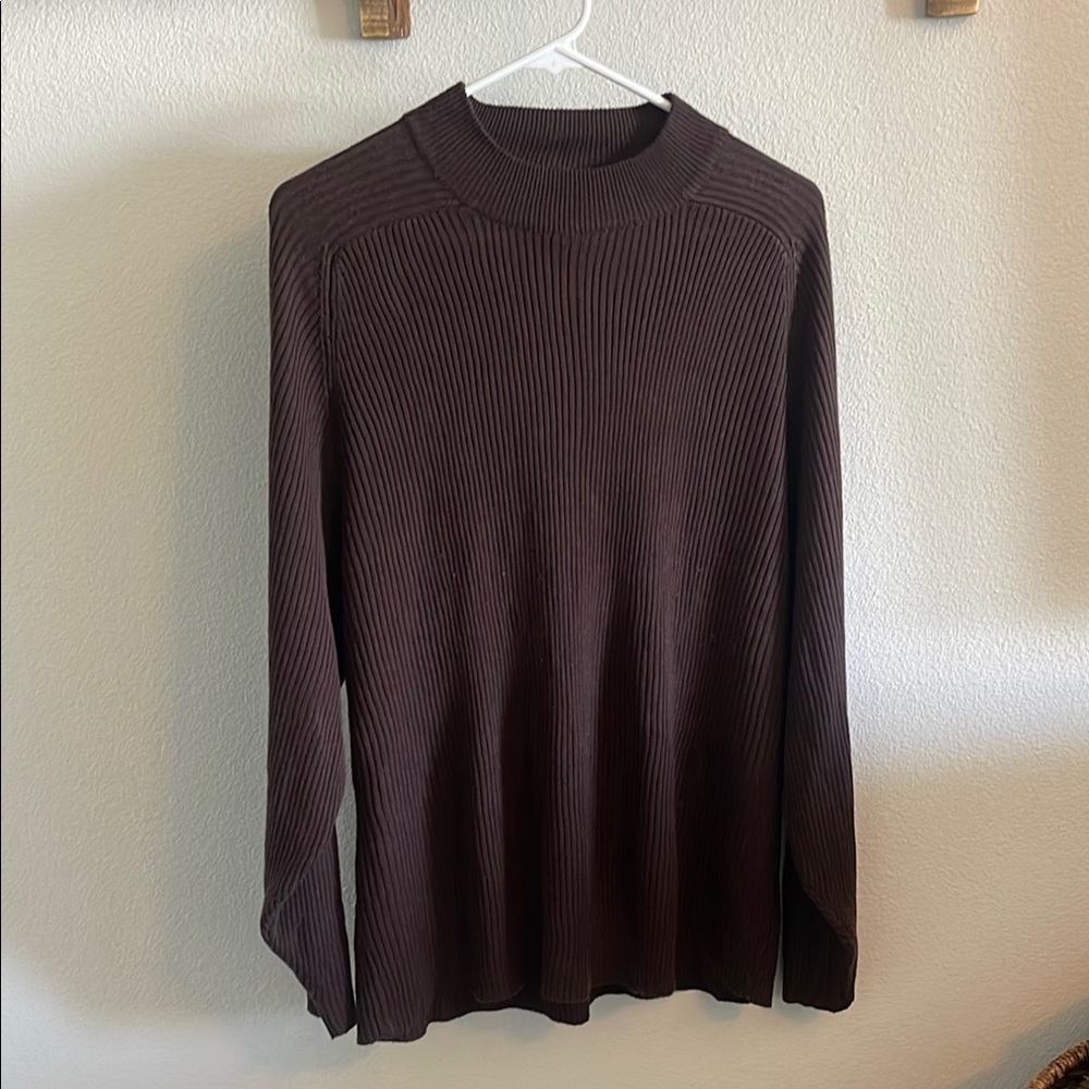Brown Mock Neck Sweater with Relaxed Fit and Ribbed Details